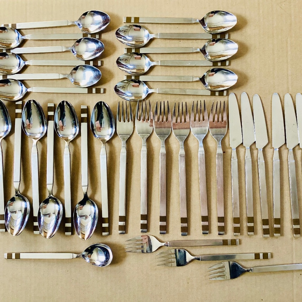 Vintage 35 Piece Stanley Roberts Avocado Crosspoint Flatware Lot MCM Japan